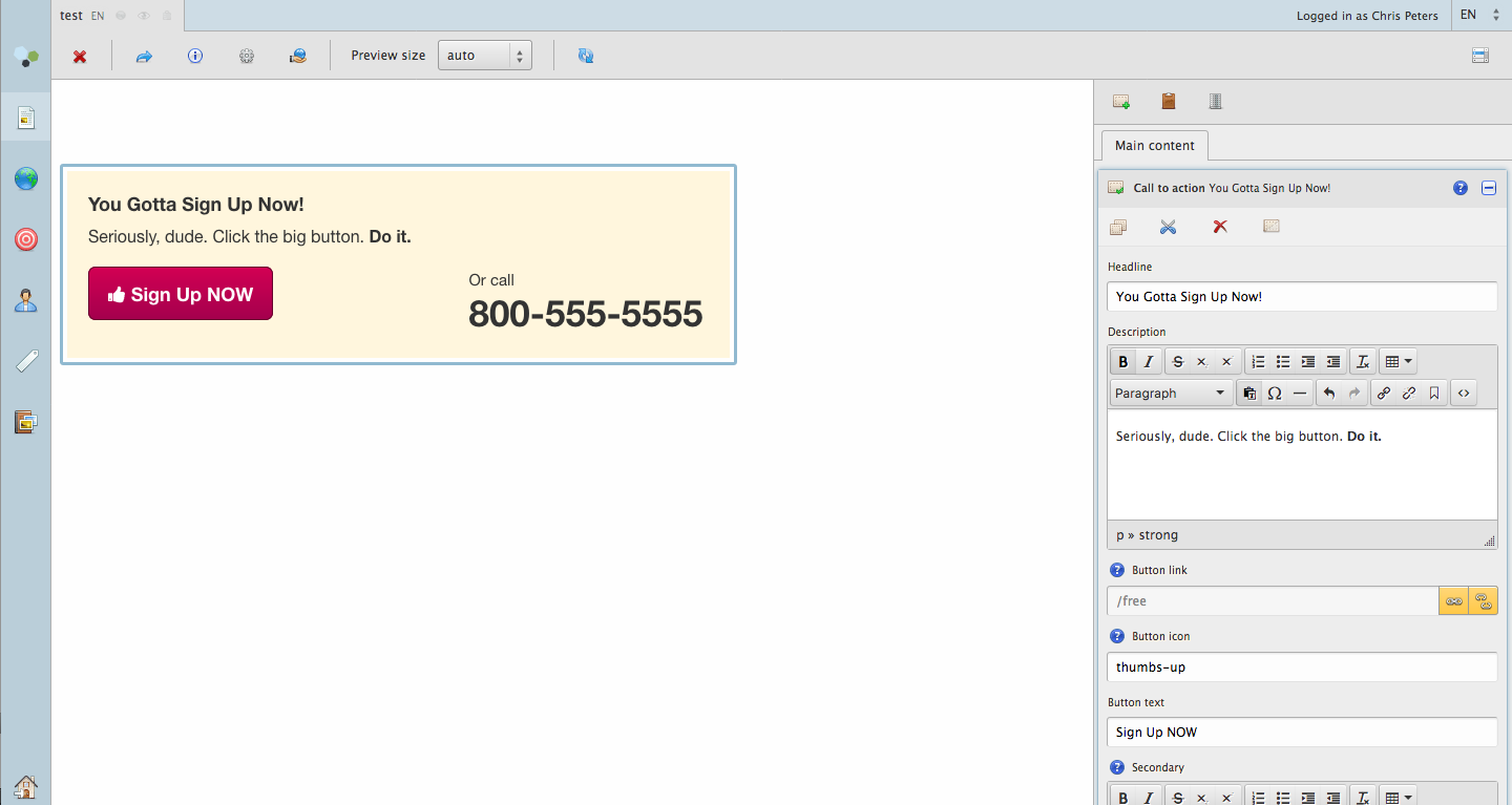 Editing an element in Alchemy CMS shows the produced content in-context and allows editing the content off to the side.