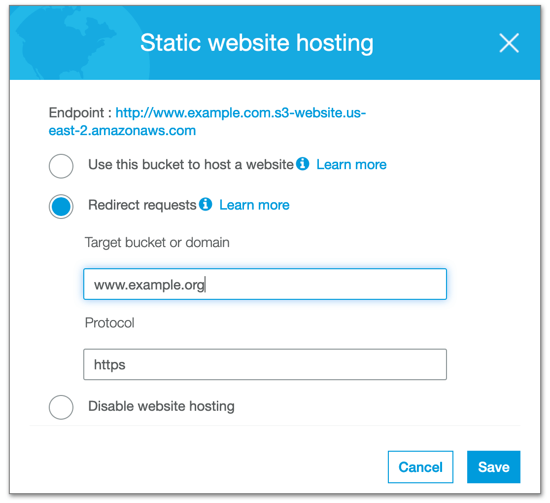 S3 static website hosting, redirect